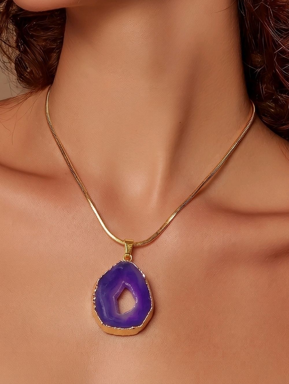 Purple Agate Slice Pendant Necklace Gold Druzy Statement Boho Glow Luxe Jewelry